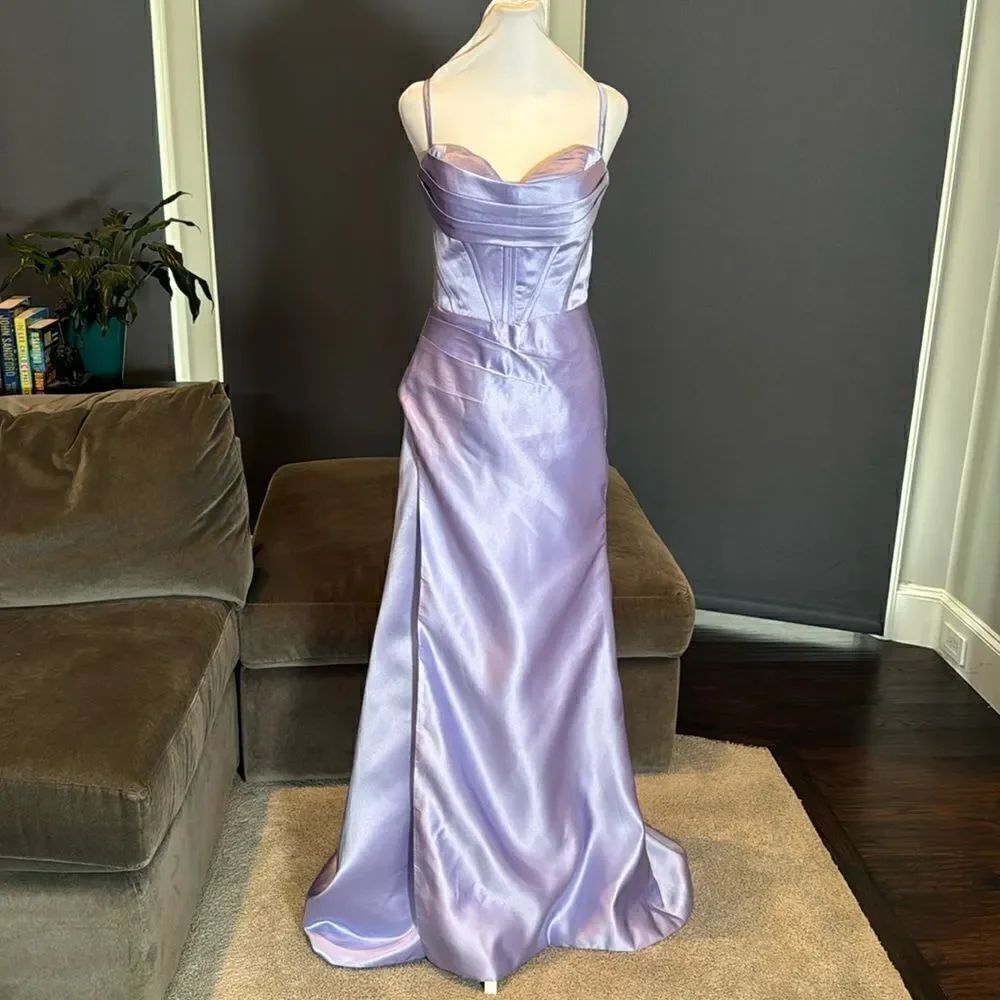 Women’s Purple Full Length Prom Party Dress Criss Cross Straps Leg Slit Size 12